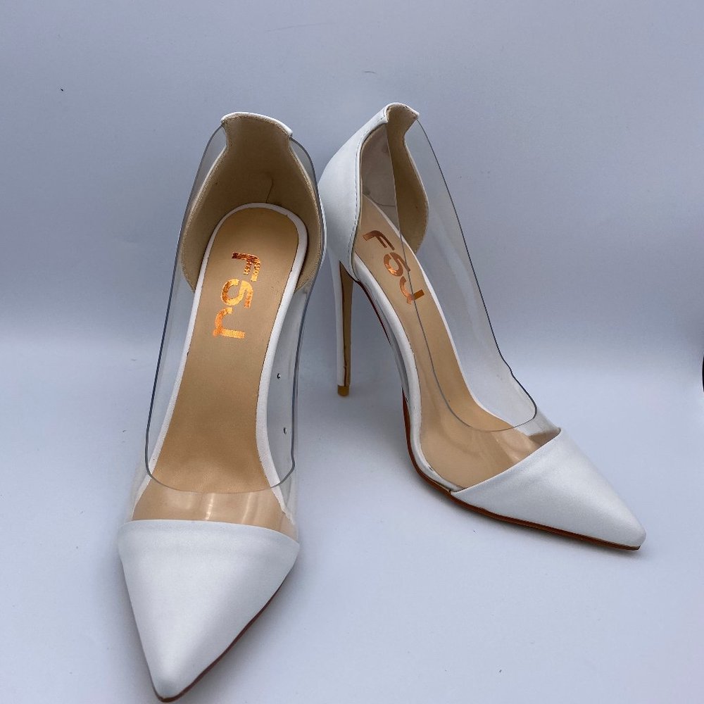 FSJ White PVC Clear Pumps Pointy Toe Stiletto
